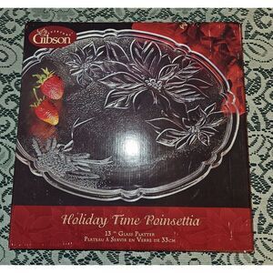 Gibson Holiday Time 13" Red Poinsettia Glass Platter